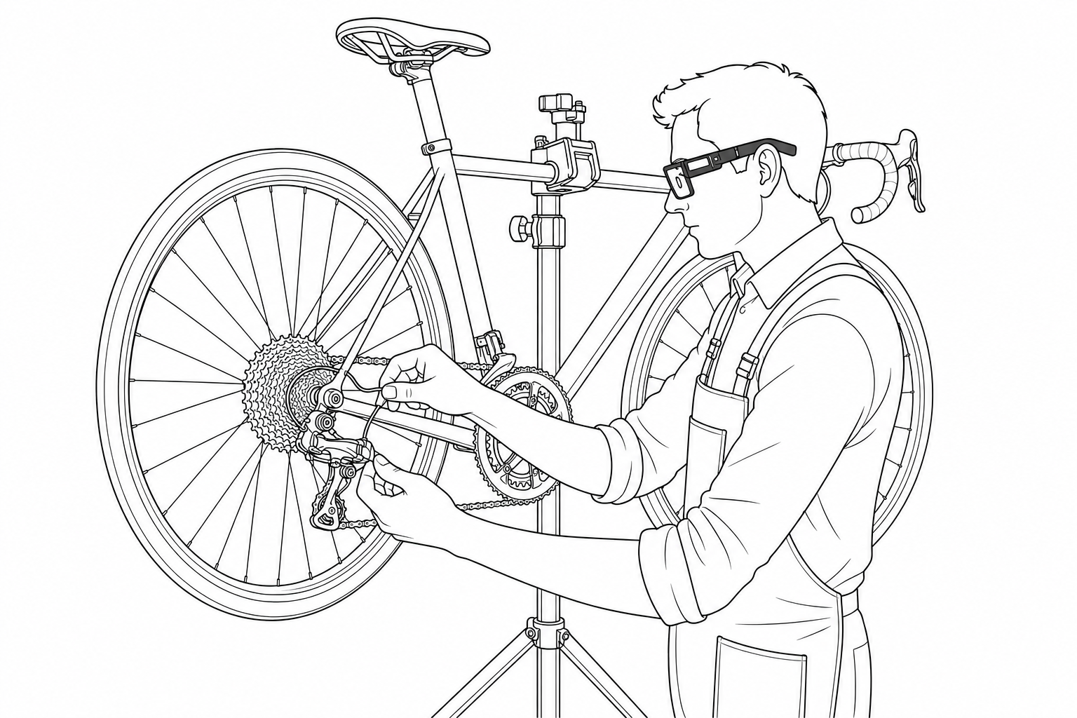 Line-Art Illustration: Zweiradmechaniker mit Kamerabrille an einem Fahrrad