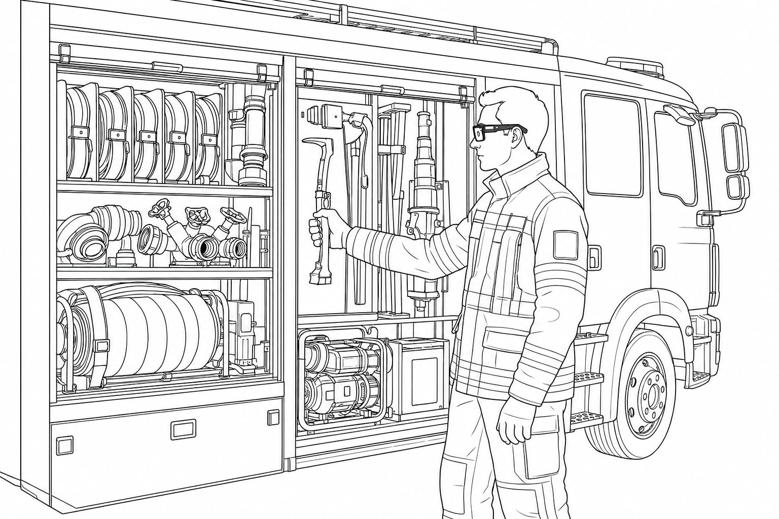 Line-Art Illustration: Einsatzkraft mit Kamerabrille am Feuerwehrfahrzeug