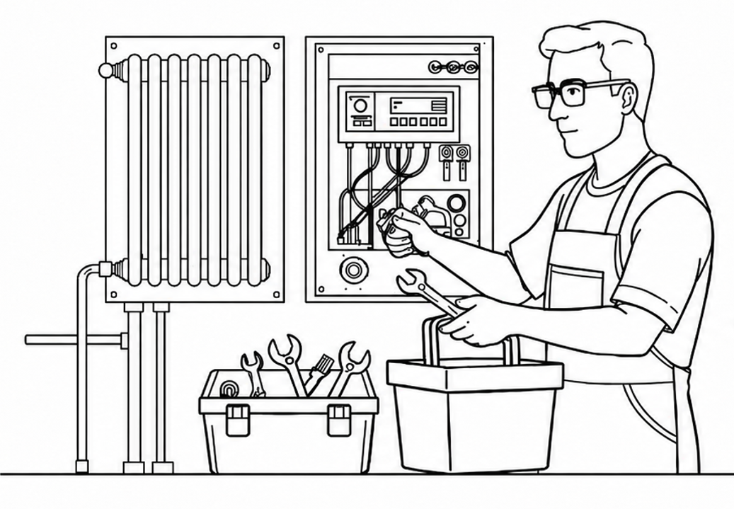 Line-Art Illustration: Techniker mit Kamerabrille bei der Arbeit