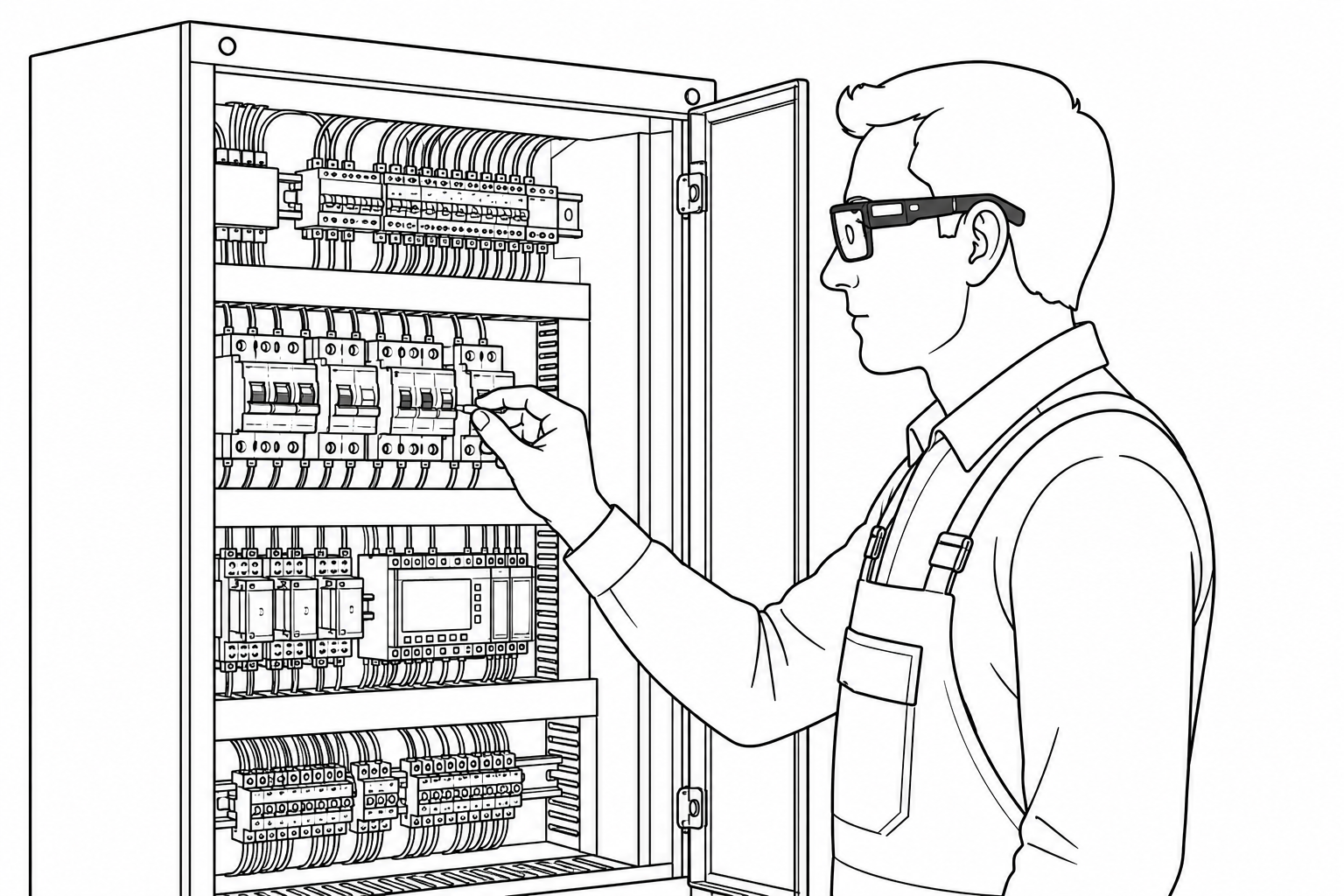 Line-Art Illustration: Techniker mit Kamerabrille am Schaltschrank